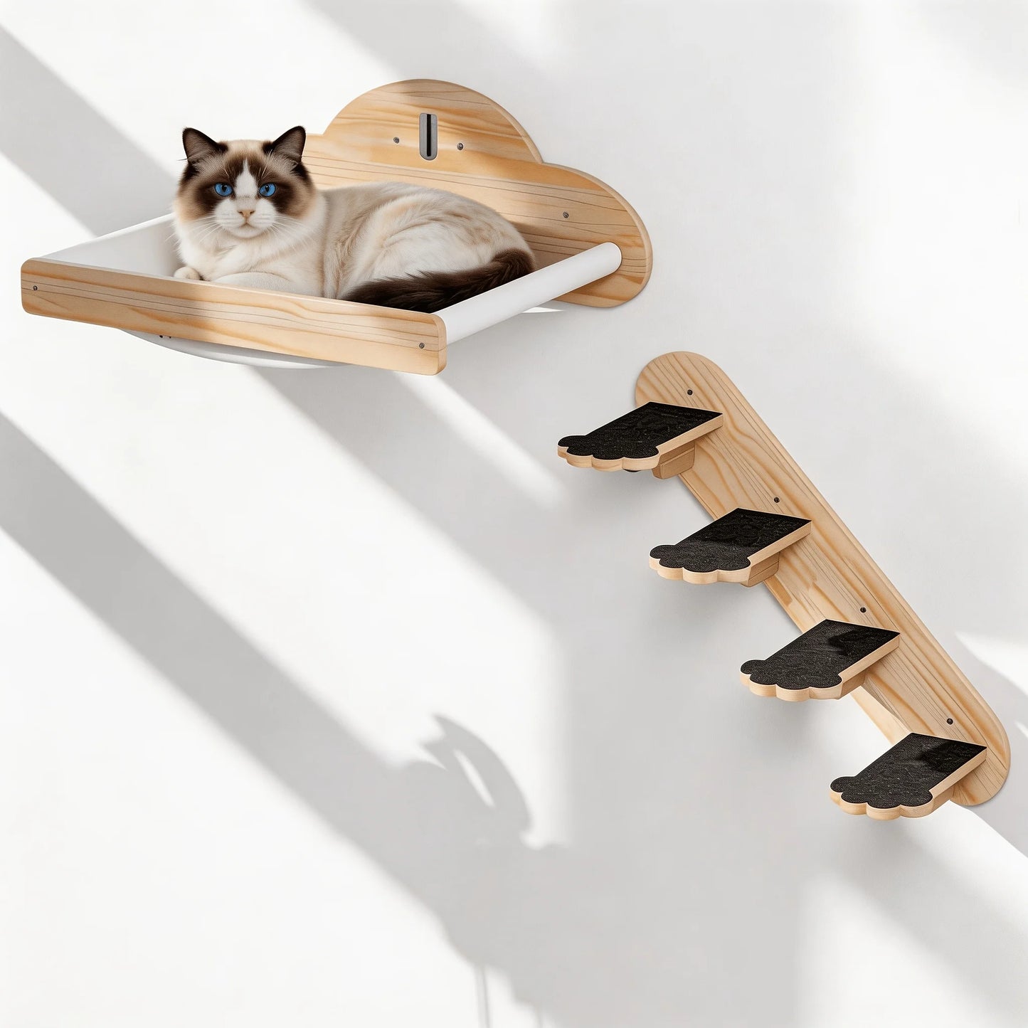 Pine Wood Cat Shelves With 3-Step Climbing Ladders Hammock
