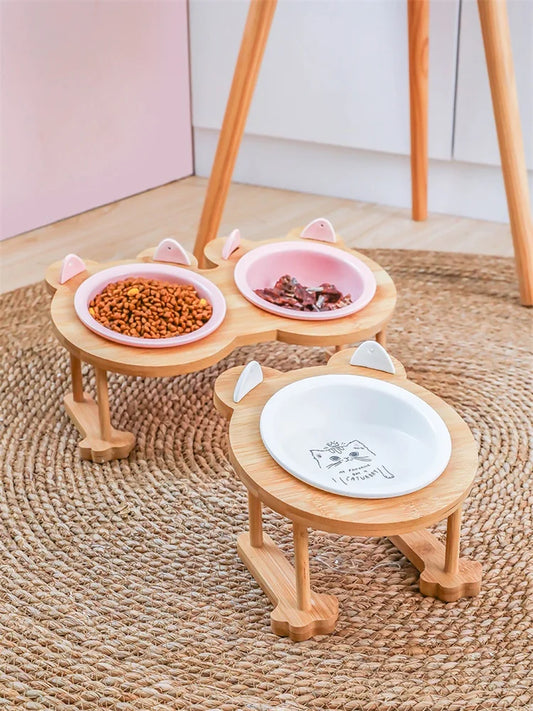 Ceramic Pet Bowl Set With Wooden Stand For Cats And Dogs
