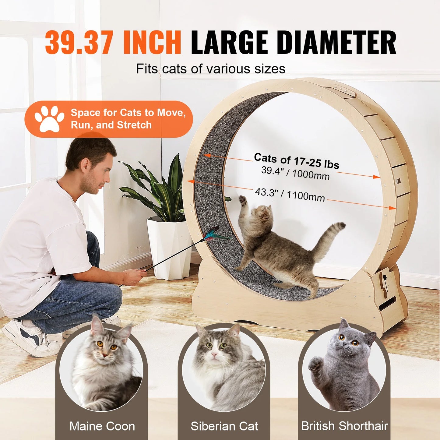 Wooden Cat Exercise Wheel For Indoor Running Detachable Carpet