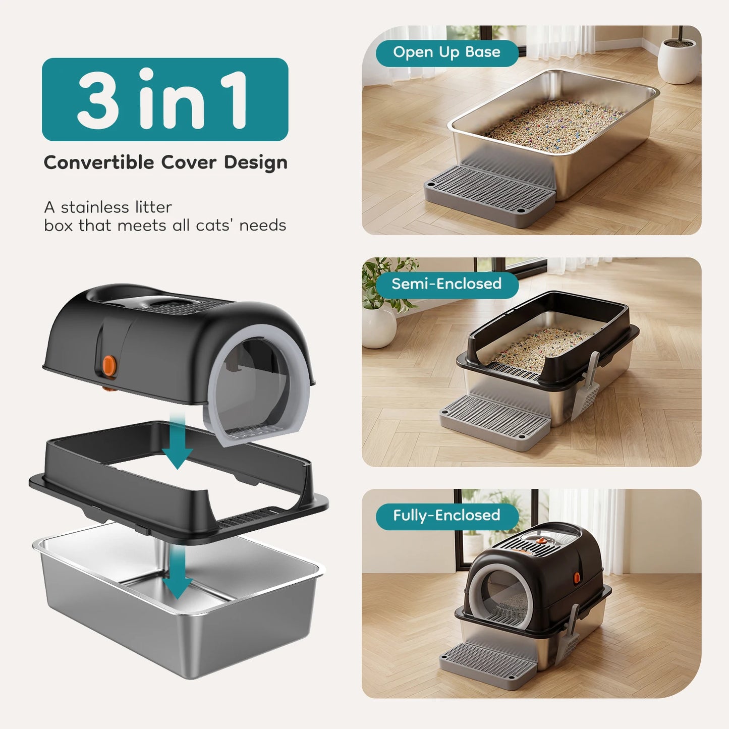 Stainless Steel Cat Litter Box With Fully Enclosed Design And Mat And Scoop