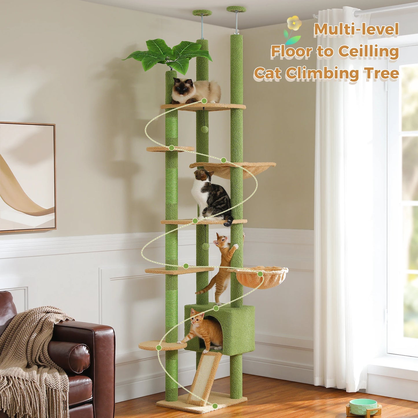 PETEPELA Cactus Cat Tree Floor To Ceiling Tower With Hammock