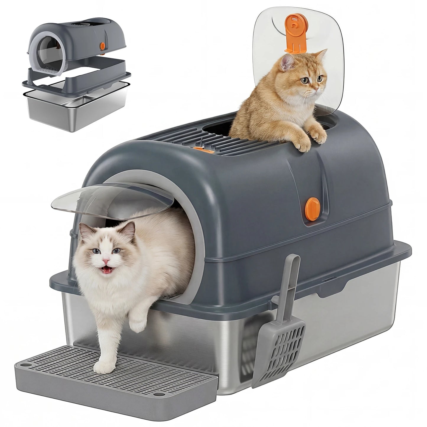 Stainless Steel Cat Litter Box Fully Enclosed With Scoop And Mat Included