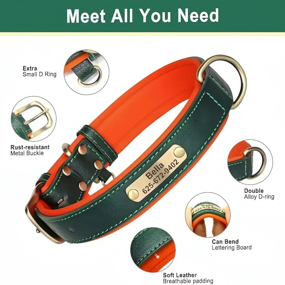 COOYOMOO Personalized Leather Padded ID Nameplate Dog Collar Engraving