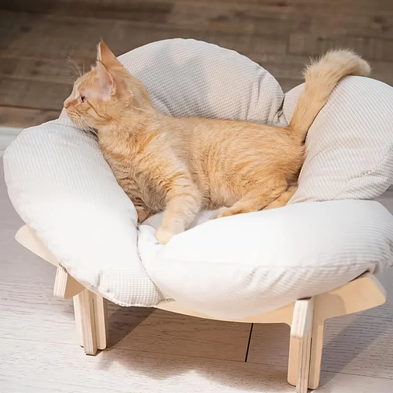Raised Wooden Cat Bed With Cushioned Sofa For Indoor Use