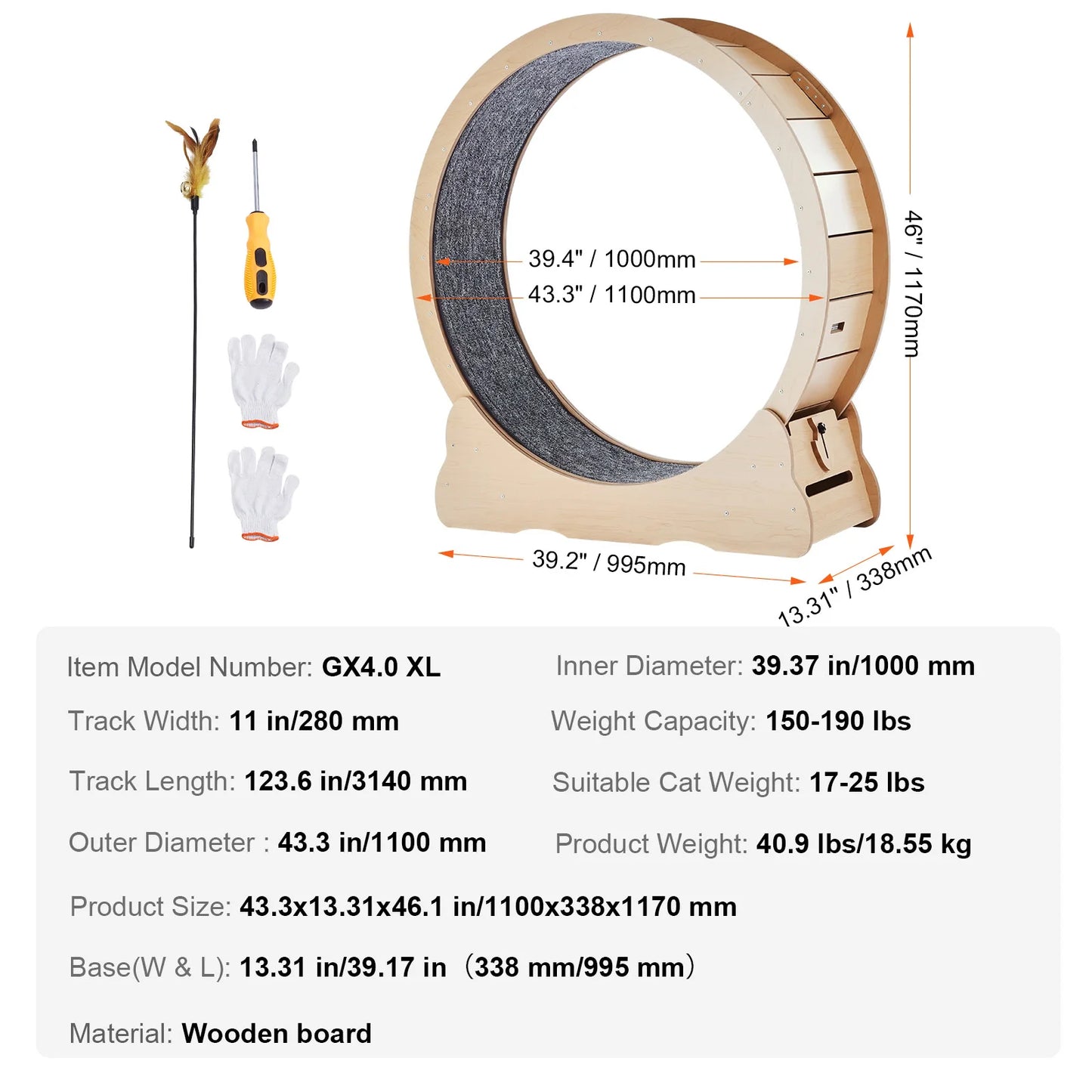 Wooden Cat Exercise Wheel For Indoor Cats With Detachable Carpet