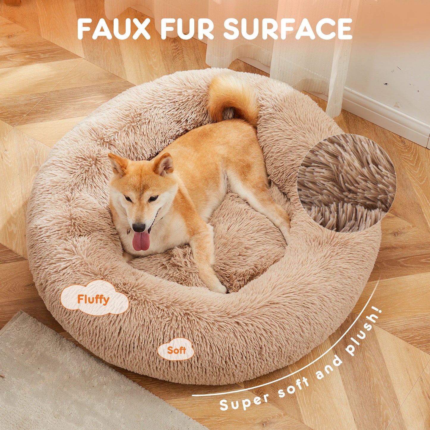 JHK Calming Round Dog Bed With Anti-Slip Plush Faux Fur