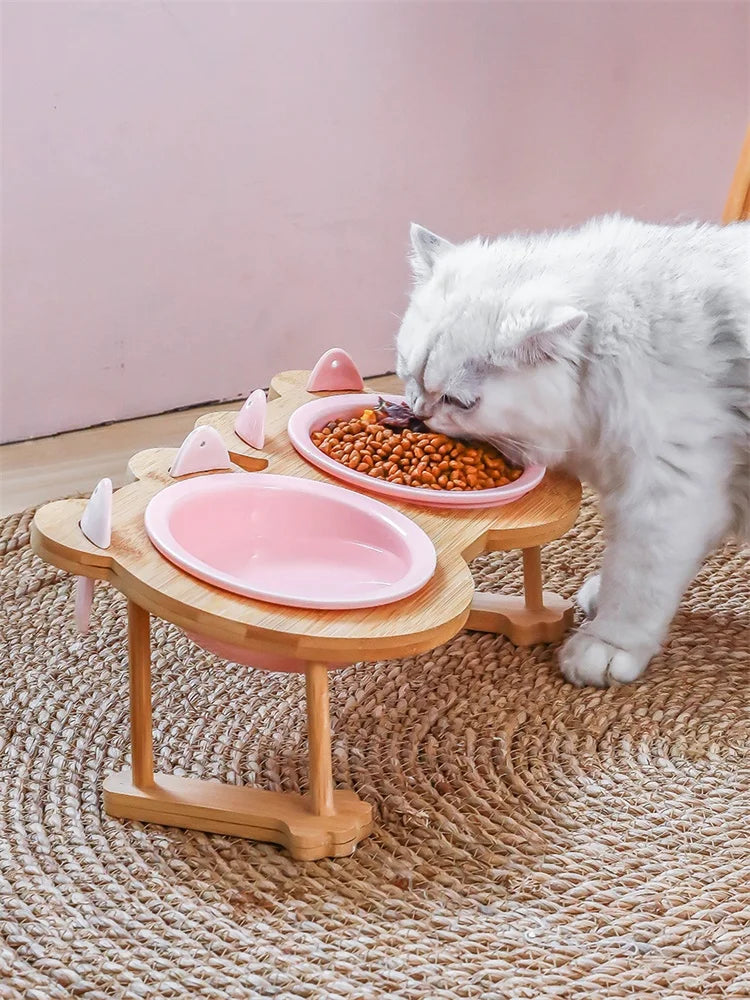 Ceramic Cat And Dog Dual Bowl Set With Wooden Stand