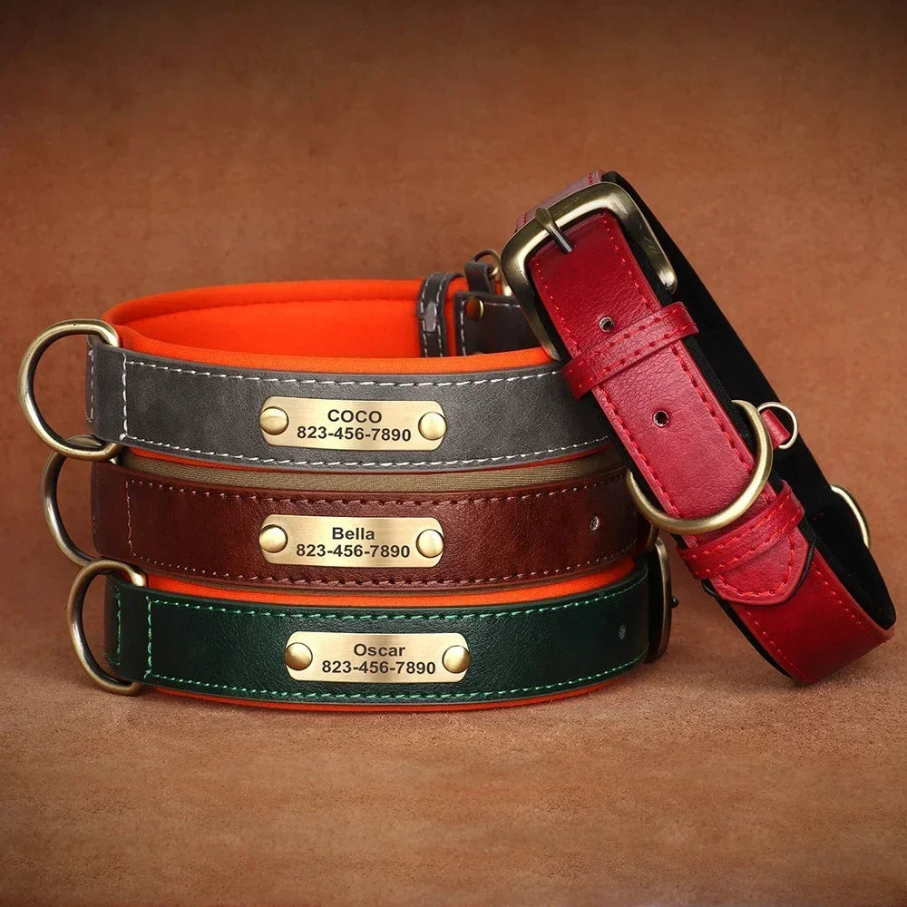 COOYOMOO Personalized Leather Padded ID Nameplate Dog Collar Engraving