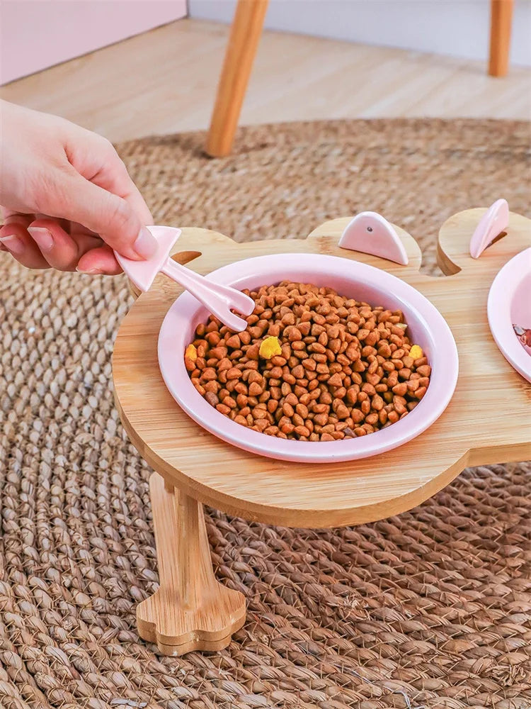Ceramic Cat And Dog Dual Bowl Set With Wooden Stand
