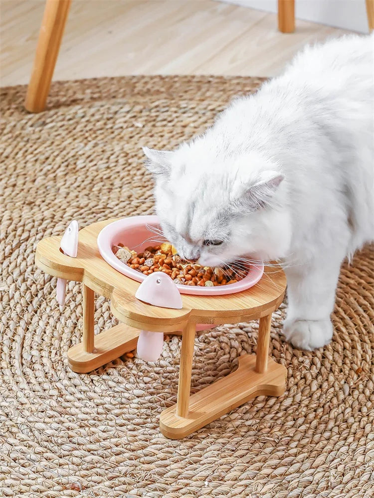 Ceramic Pet Bowl Set With Wooden Stand For Cats And Dogs