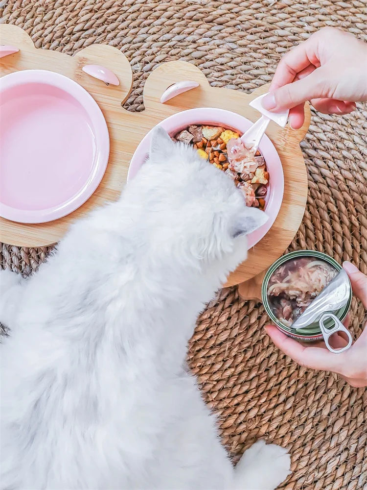 Ceramic Pet Bowl Set With Wooden Stand For Cats And Dogs