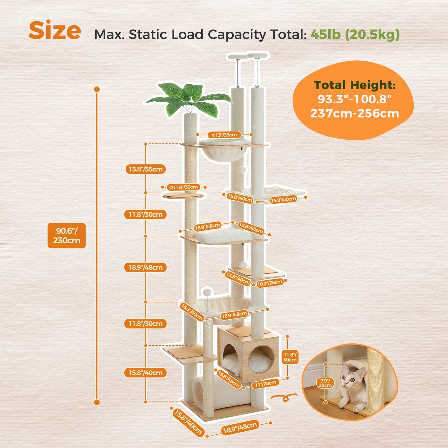 PAWZ Road Height Adjustable Wooden Cat Tree Hammock And Sisal Scratching Posts