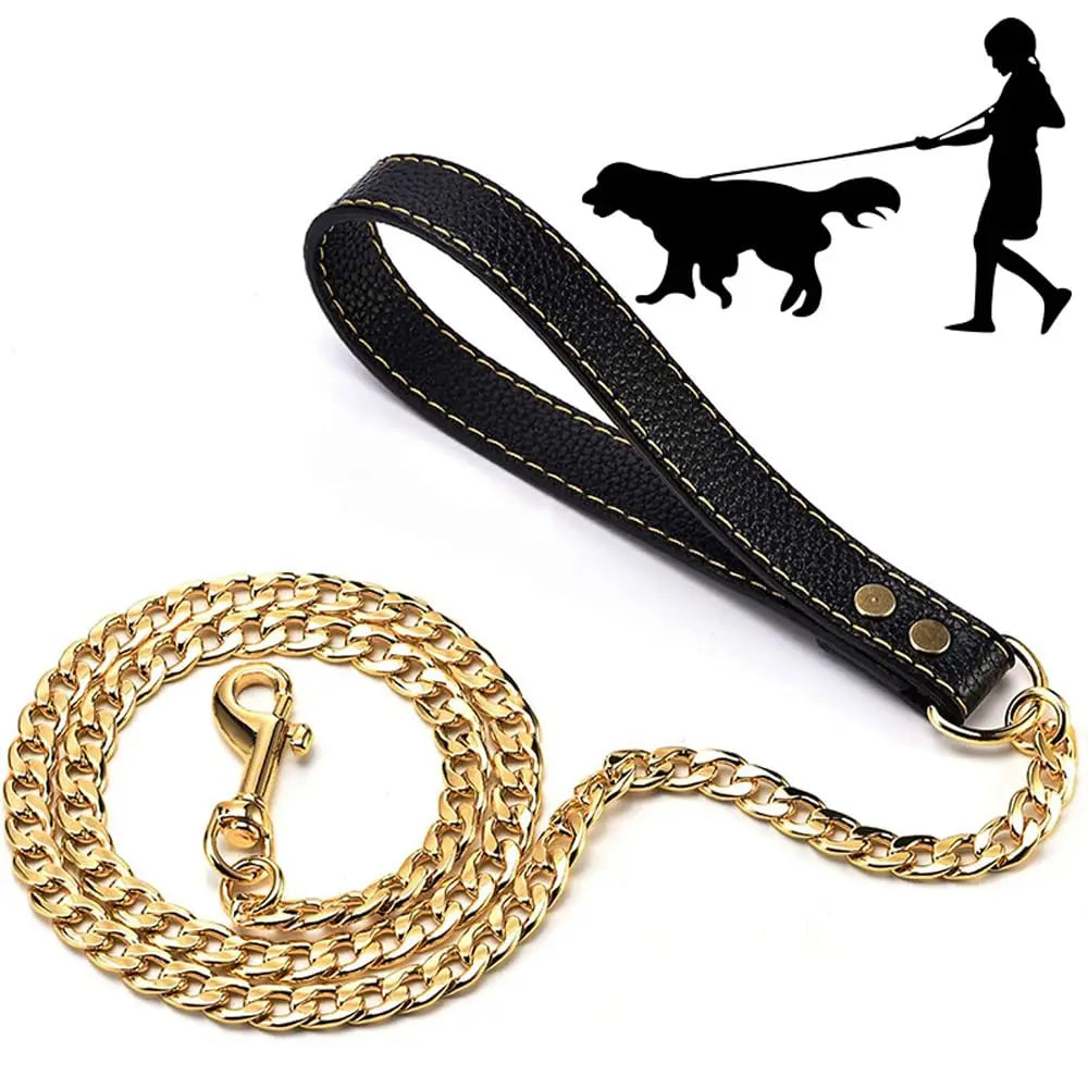DUTRIEUX 10mm Stainless Steel Chain Dog Leash Chew Proof Leather Padded Handle