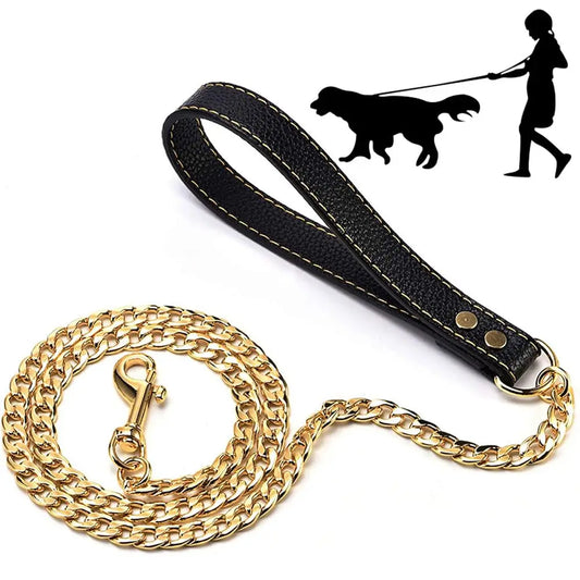 DUTRIEUX Stainless Steel Chain Dog Leash Chew Proof With Leather Padded Handle